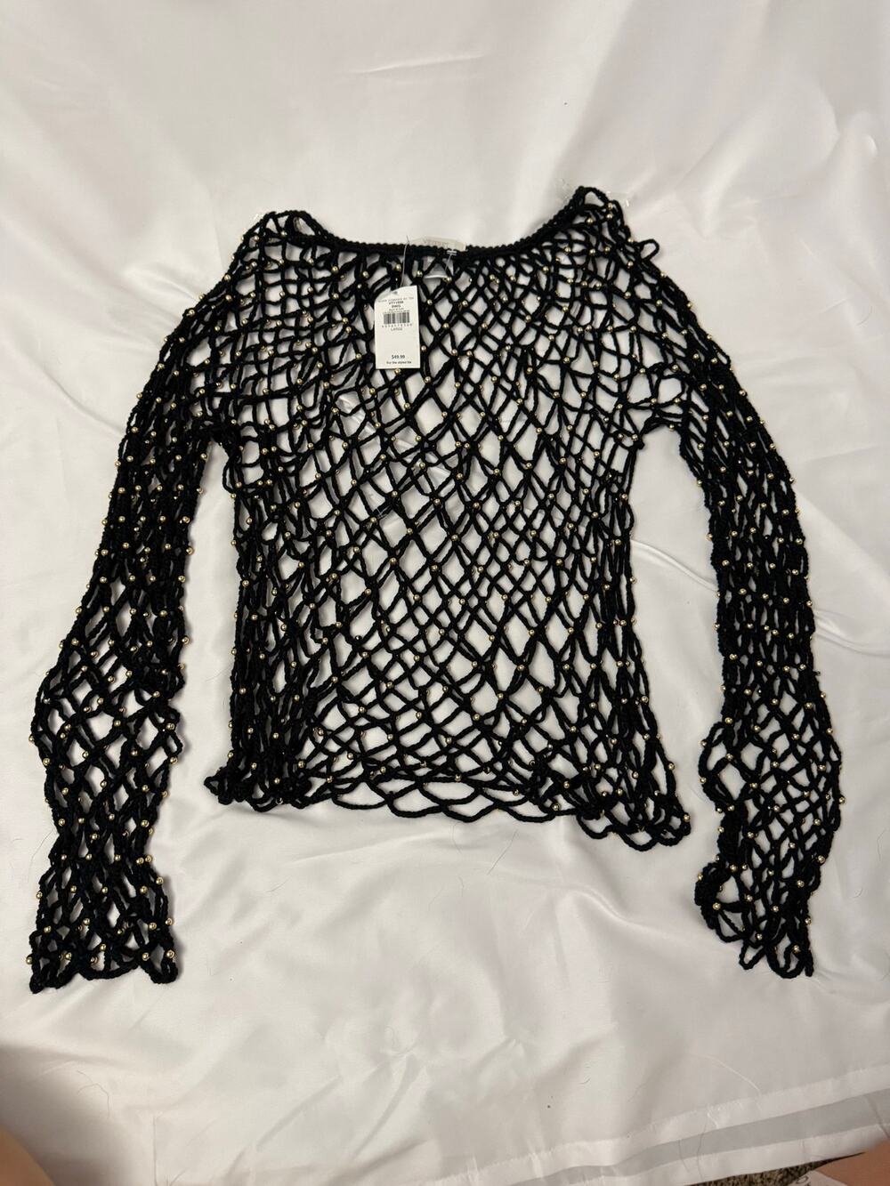 NWT Veveret Women’s Large Black Gold Beaded Open-Stitch Crochet Sweater